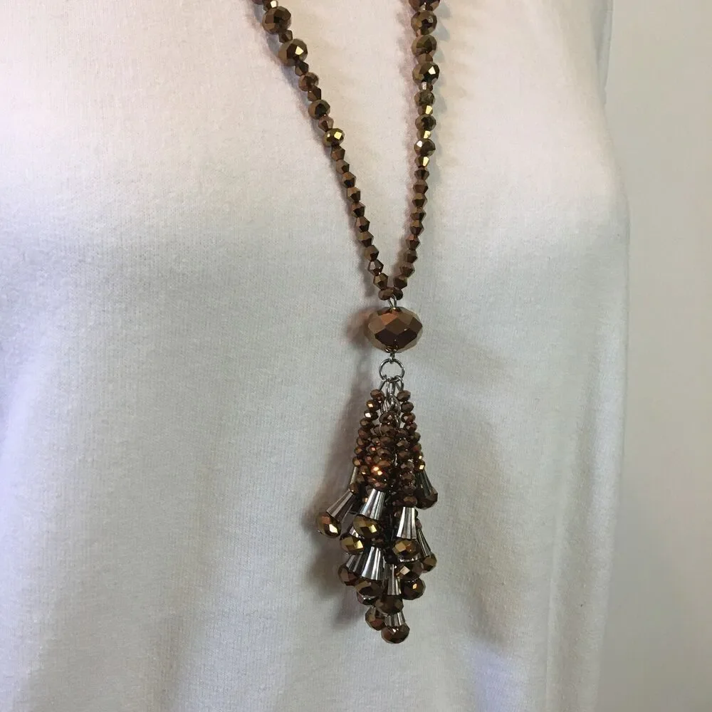 Handmade Tassel Necklace 33in Bronze Metallic Coated Glass Beads